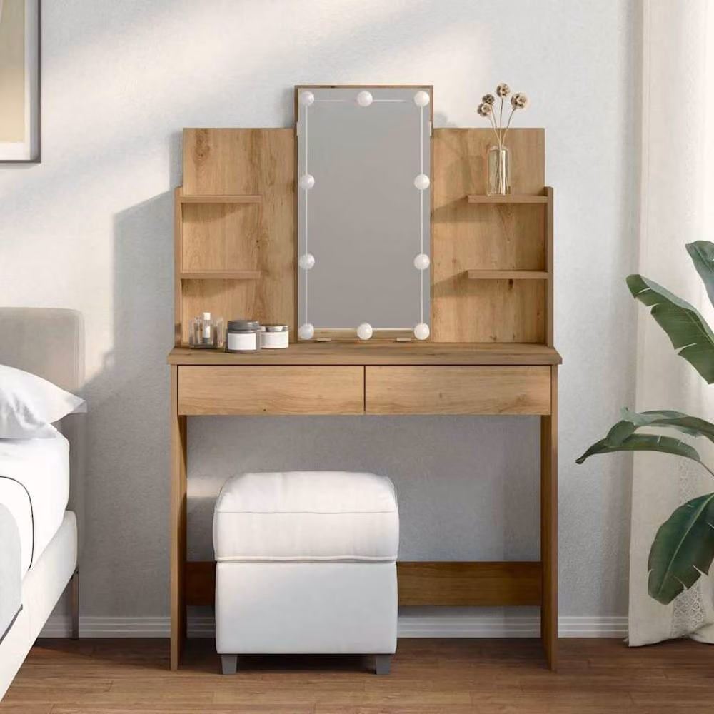 Berkfield Home Artisan Oak Dressing Table with Hollywood LED Lights in Brown, W/D/H: 96 x 40 x 142 cm – 2