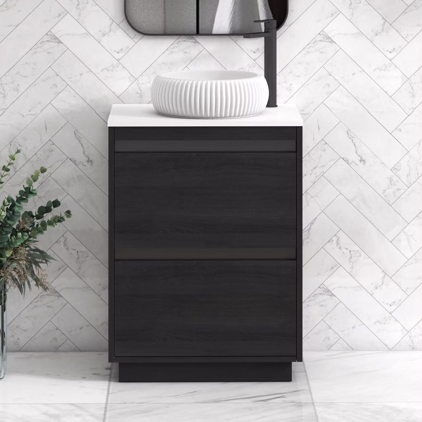 Royal Bathrooms Orion 600mm Hale Floor Standing Vanity Unit with Milan Basin in White and Black Accent Trim