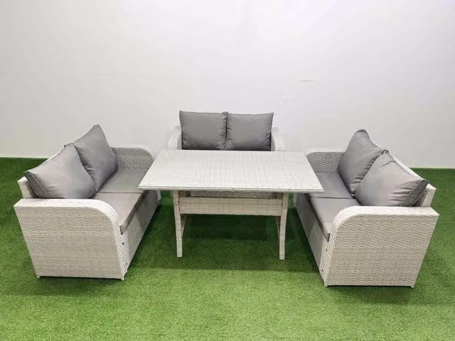 Fimous 6 Seater PE Wicker Rattan Garden Furniture Set with Rectangular Dining Table and 2 Seater Love Sofa in Light Grey