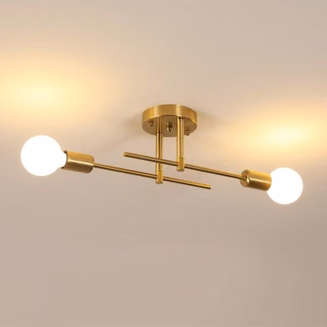 Pheashine 2-Light Linear Semi Flush Ceiling Light in Gold and Copper Metal with E27 Base – 1