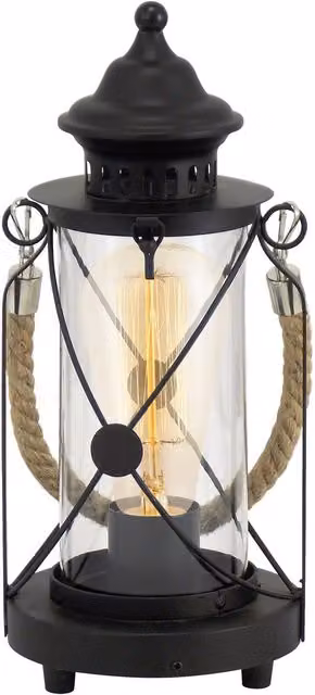 Loops Black Metal and Glass Lantern Table Lamp with E27 Bulb