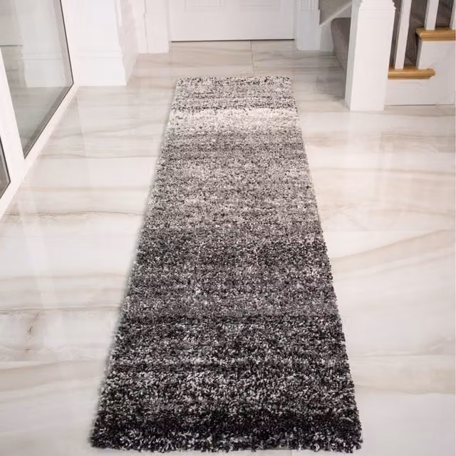 The Rug House Super Soft Mottled Striped Shaggy Area Rug in Black and Grey, W: 60 cm, L: 240 cm