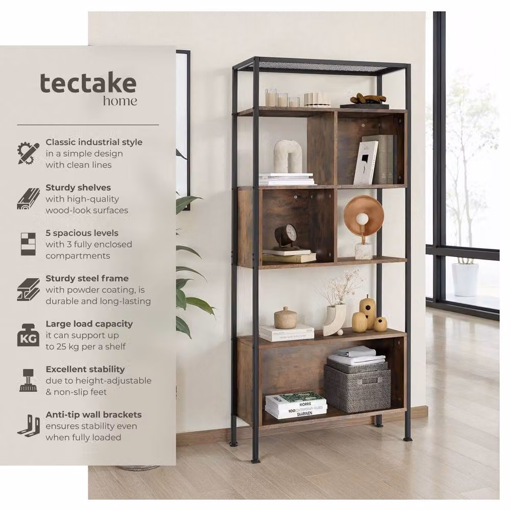 tectake Hastings Free Standing Shelf with 5 Tiers and 3 Storage Compartments in Brown – 2