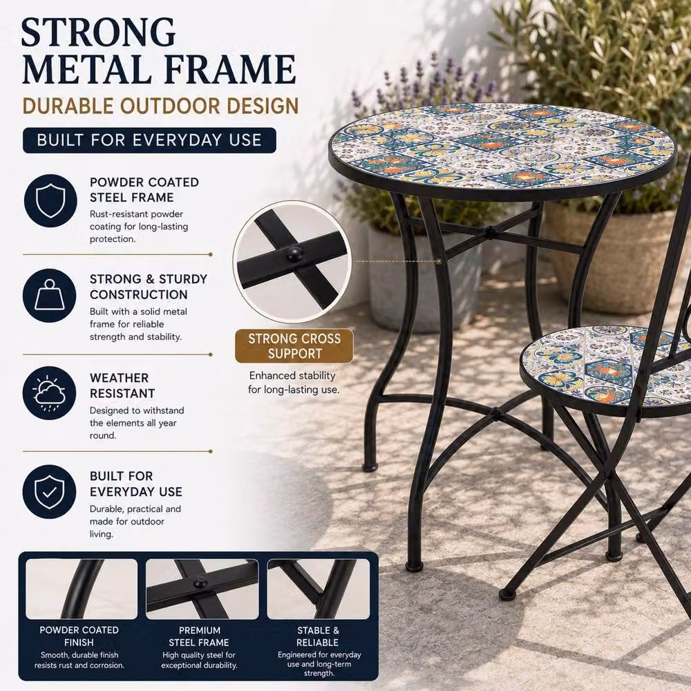 Shatchi Mediterranean Mosaic Bistro Set with Round Ceramic Table and 2 Folding Metal Chairs in Multicolour – 6