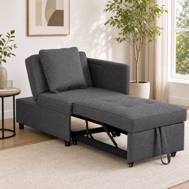 STILVORA 3-in-1 Grey Fabric Chair Bed with Solid Wood Frame and Adjustable Back – 1
