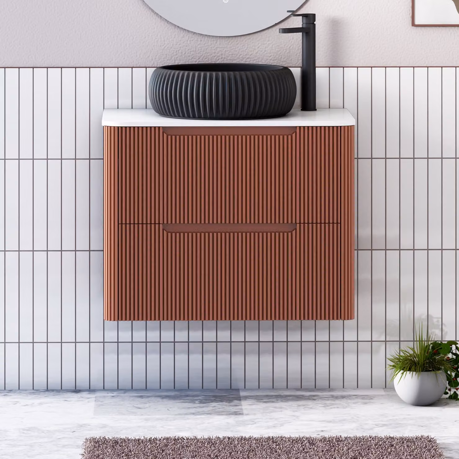 Royal Bathrooms Avenza 800mm Wall Hung Vanity Unit in Terracotta Clay with 2 Drawers, Plain White Worktop and Milan Black Basin