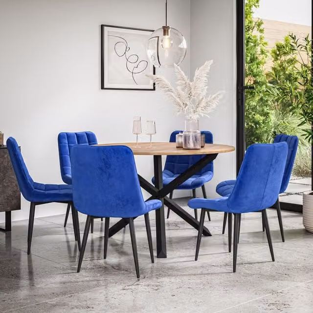 More4Homes Malvern Round Dining Table and Set of 6 Nova Blue Velvet Chairs with Oak Top and Black Legs – 1