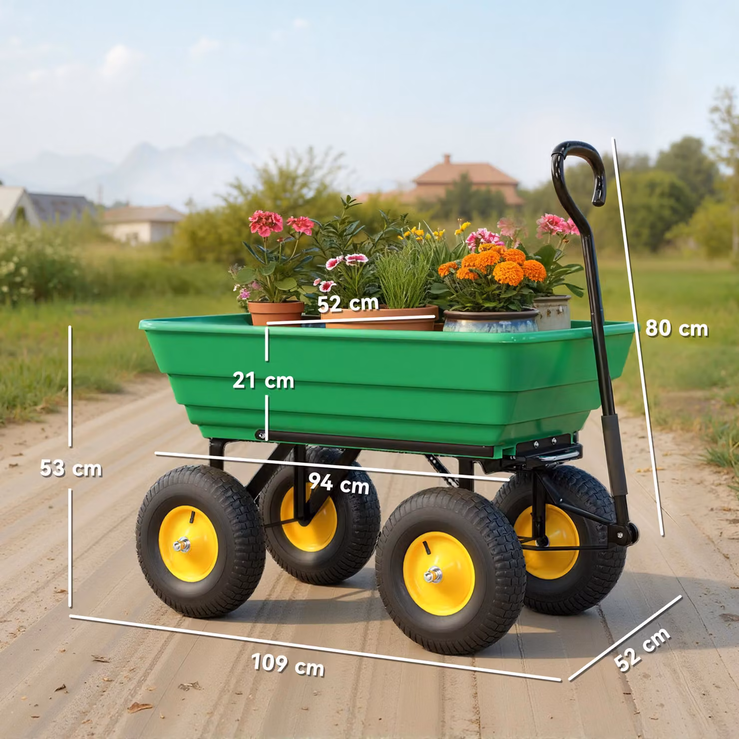 Outsunny 75 Litre Heavy Duty 4 Wheel Garden Cart Tipping Trolley in Green – 3