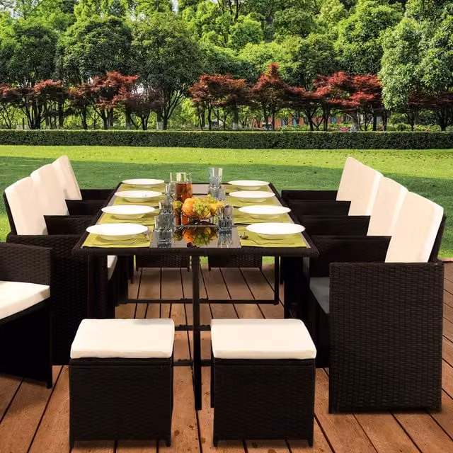 Comfy Living 13 Piece Cube Rattan Garden Furniture Set in Dark Brown