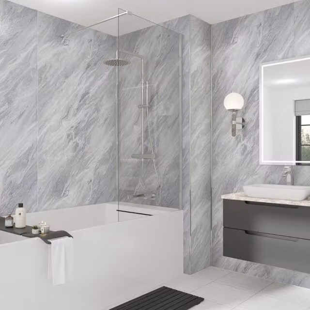 Wetwall Brera Marble Laminate Wall Panel, Grey Stone Look, W: 90 cm, H: 242 cm, D: 1.1 cm