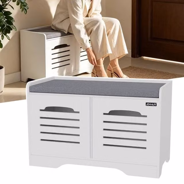 EONLION 2 Door Shoe Bench and Storage Cabinet Organiser in White, Width: 100 cm