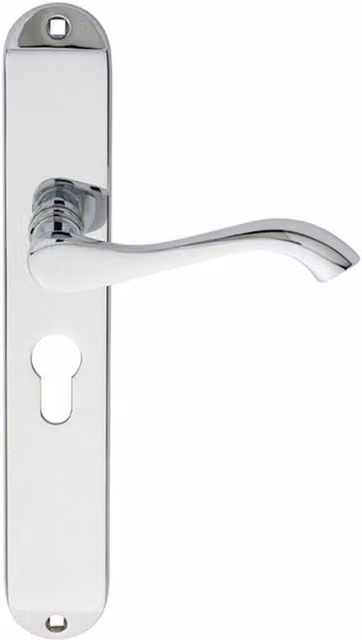 Loops Pair of Curved Lever Long Slim Euro Lock Backplate in Polished Chrome, 241 x 40 mm