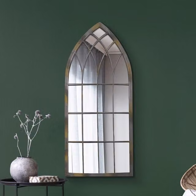 MirrorOutlet The Somerley Rustic Metal Arched Decorative Wall Mirror in Silver