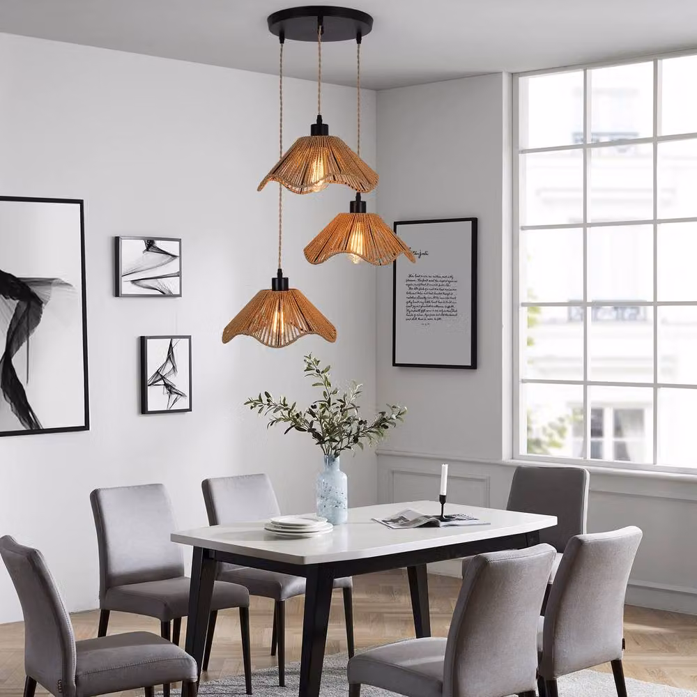 NIVOR 3 Light Boho Rattan and Metal Farmhouse Pendant Chandelier in Brown – 4