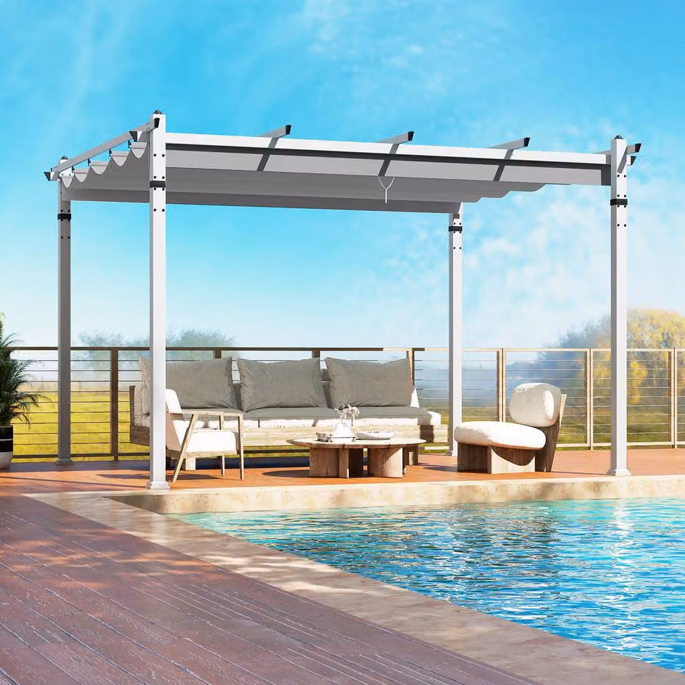 Costway Grey Outdoor Pergola with Retractable Polyester Canopy, W: 368 cm, D: 305 cm, H: 235 cm – 2