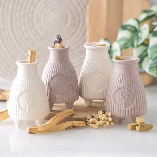 Uniqueful Greige Ribbed Palo Santo Burner in Beige Ceramic
