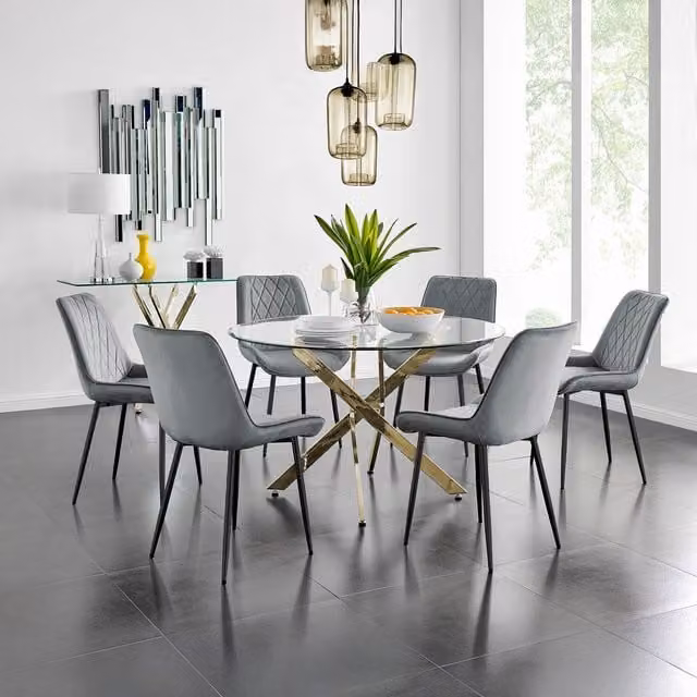 FurnitureboxUK Novara Gold Round Glass Dining Table and Six Pesaro Black Leg Chairs in Grey, Diameter: 120 cm