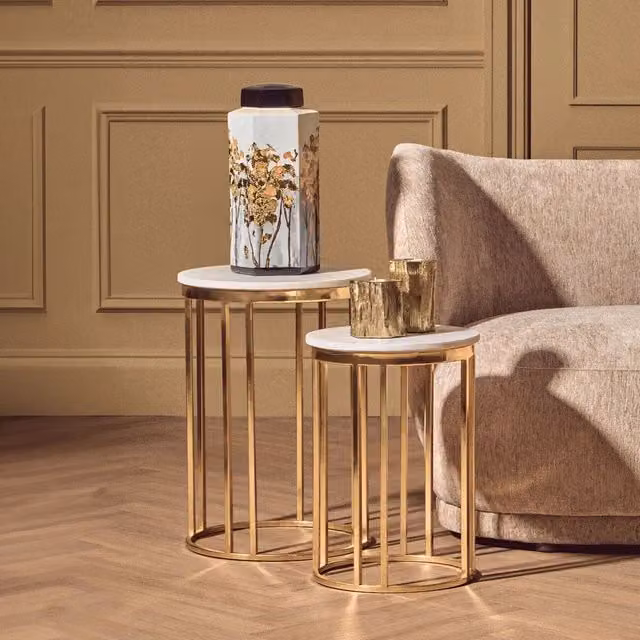 Orsina Set of 2 Round White Marble Side Tables with Gold Metal Base – 2