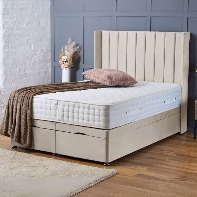 BSSPOKE Hannah Ottoman Divan Bed with 54 inch Headboard in Cream Plush Velvet, Small Double, W/D/H: 120 x 200 cm