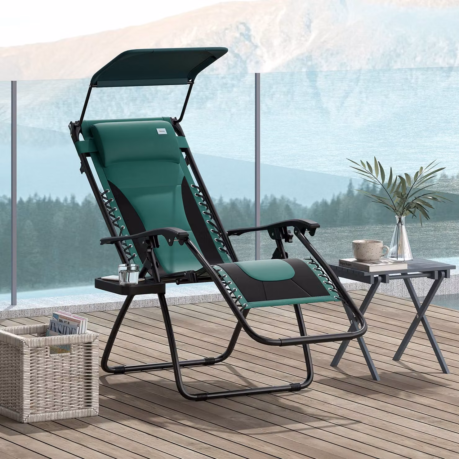 Outsunny Zero Gravity Lounger Chair in Green with Sun Canopy, Adjustable Headrest and Cup Holders – 2