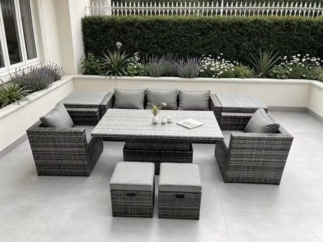 Fimous Rattan Garden Furniture Set in Dark Grey with Adjustable Rising Lifting Dining Table, Sofa, Chairs, 2 Side Coffee Tables and 2 Stools – 1