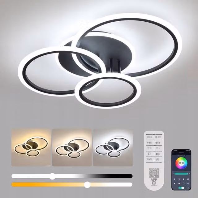 COMELY Modern Dimmable LED Ring Ceiling Light, Black, Diameter: 61 cm