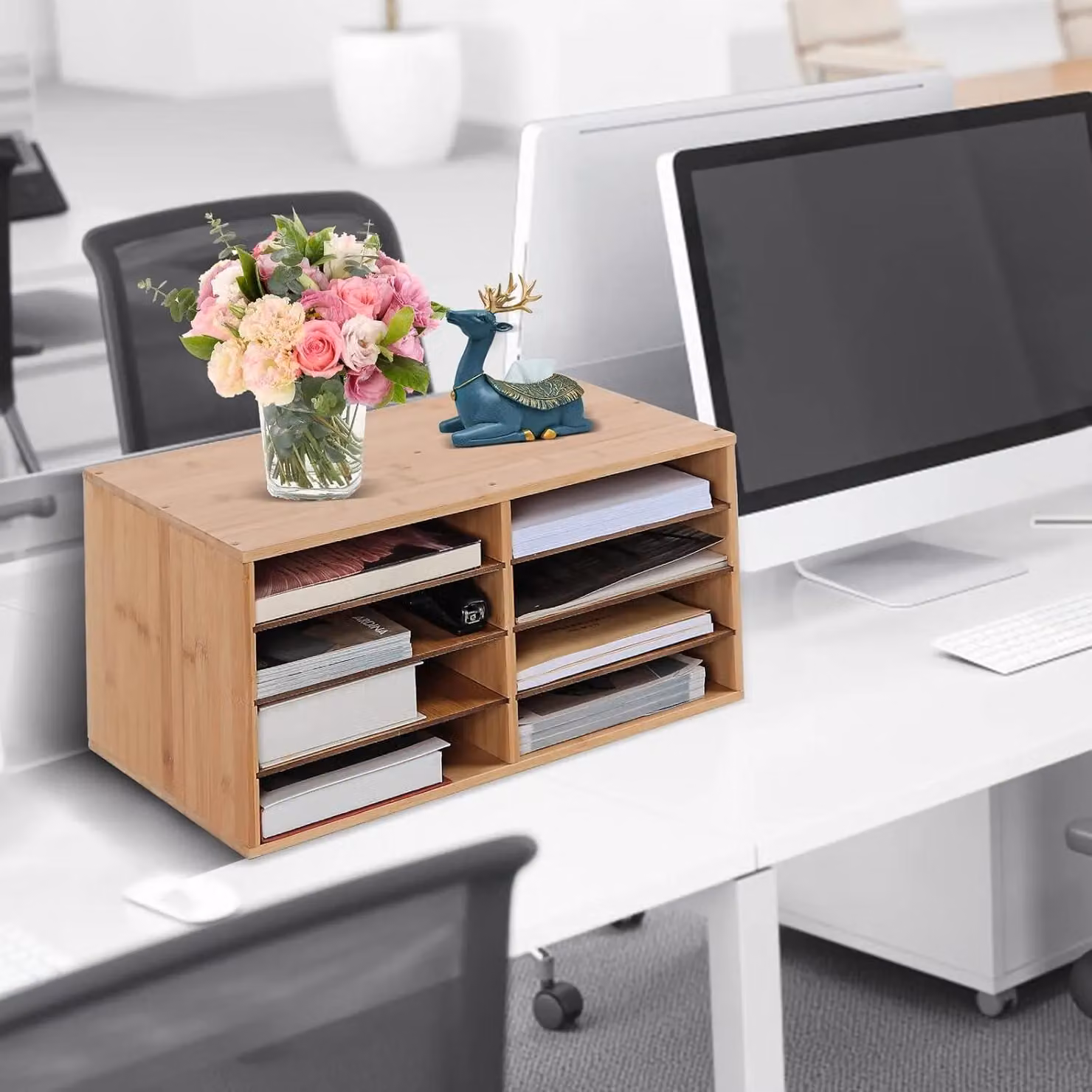 MantraRaj Bamboo Desktop File Sorter with 8 Compartments for A4 Documents, Brown – 6