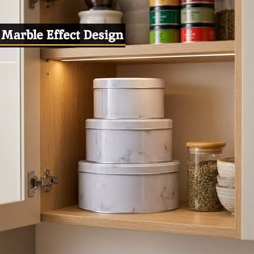 Orsina Set of 3 White Marble Effect Metal Storage Tins with Airtight Lids – 3