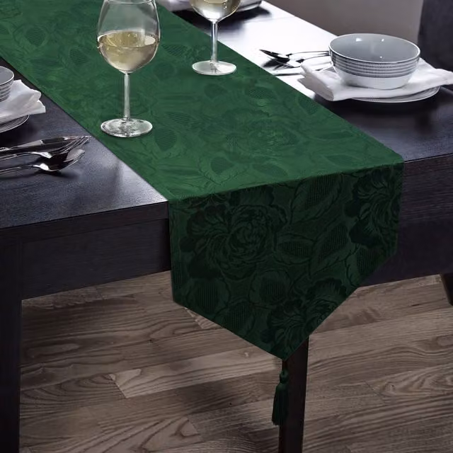 Intimates Forest Green Rose Damask Jacquard Table Runner, W: 33.02 cm, L: 177.8 cm
