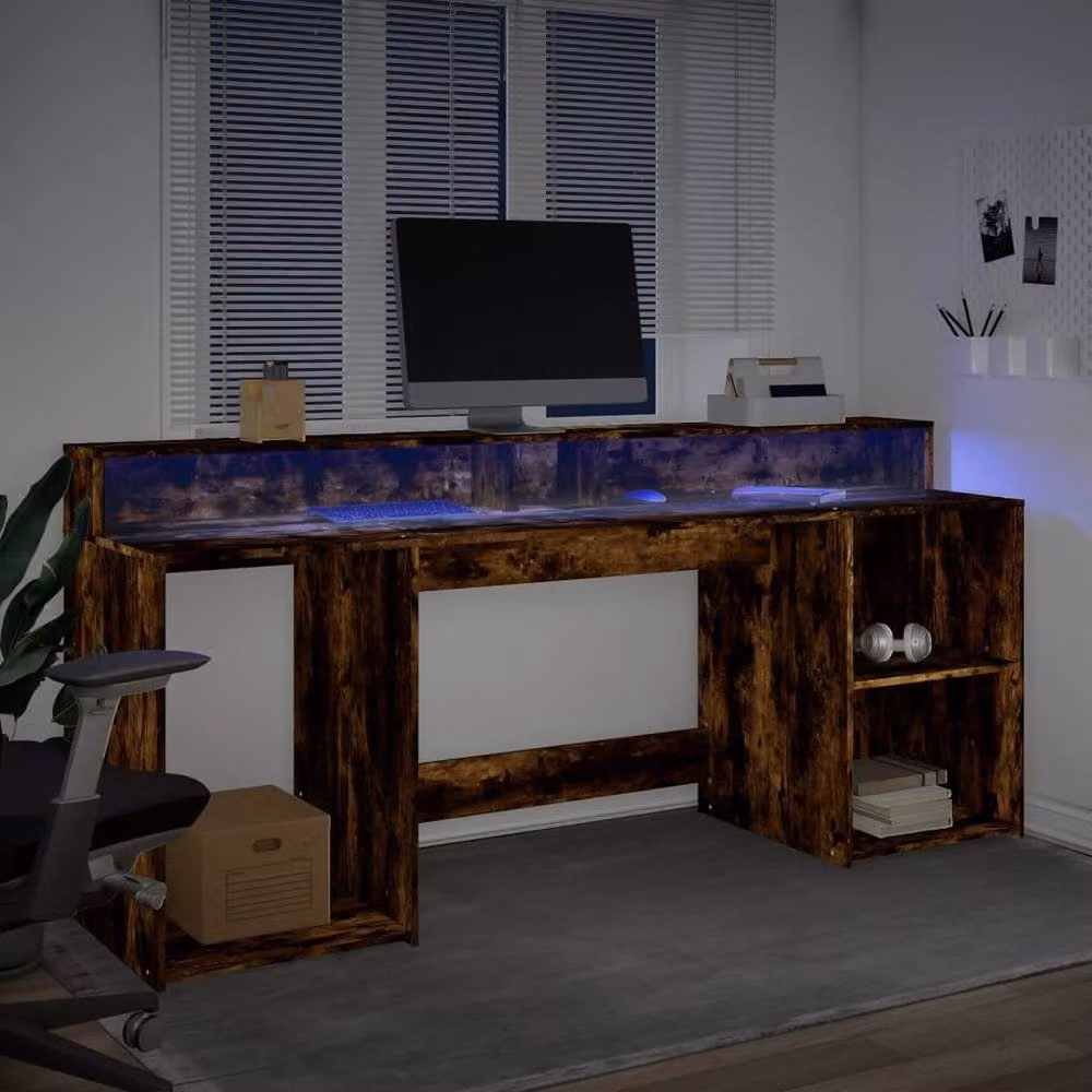 Berkfield Home Gaming Desk with LED Lights in Smoked Oak Brown, W/D/H: 200 x 55 x 91 cm – 5
