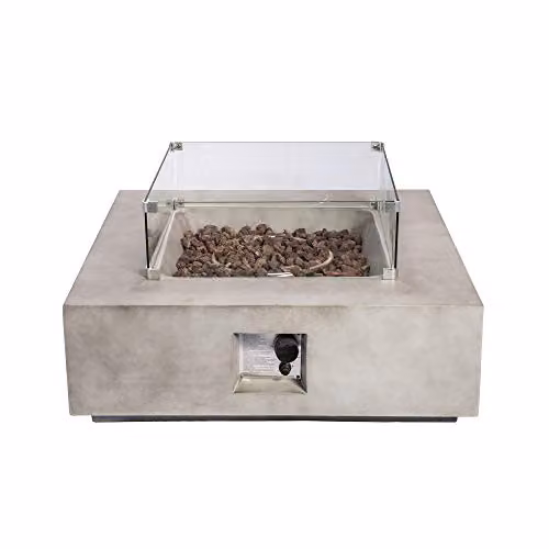 Teamson Home Outdoor Concrete Propane Gas Fire Pit Table with Glass Screen and Lava Rocks in Light Grey – 2