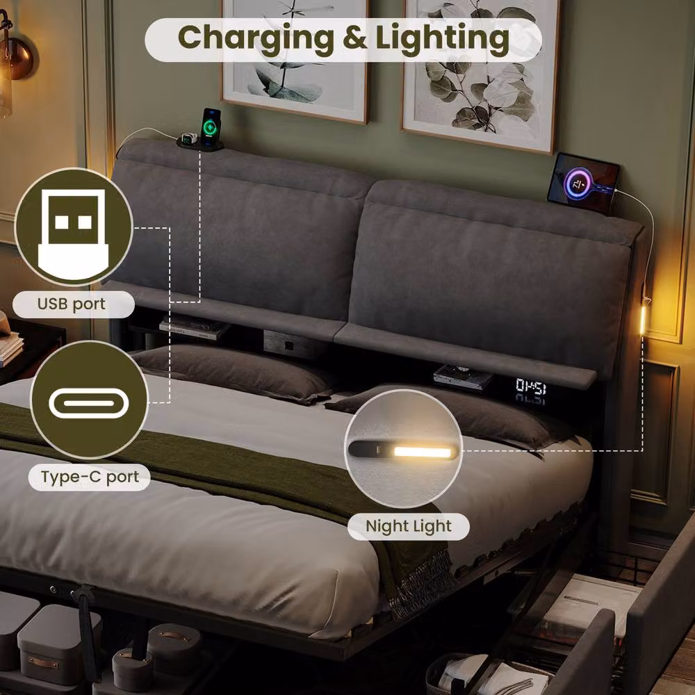 BTM King Size Velvet Hydraulic Bed with LED Under-bed Lighting and Storage Drawers, Grey, W: 180 cm, D: 200 cm – 6