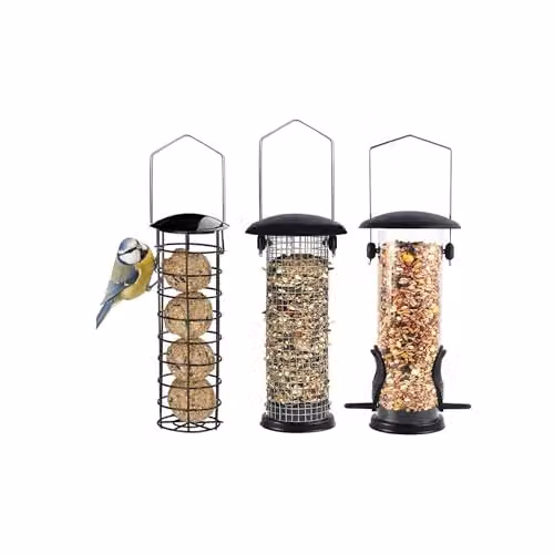 Happy Beaks 3-Pack Metal Bird Feeders in Silver and Black, Durable Stainless Steel Design for Nuts, Seeds and Fat Balls