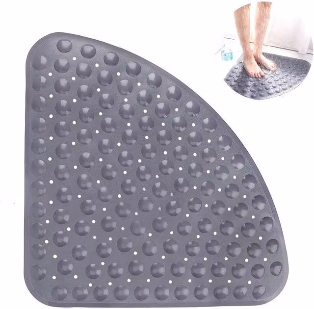 KORVIXA Non-Slip Triangular Suction Corner Shower Mat in Grey, W: 60 cm, D: 45 cm – 1