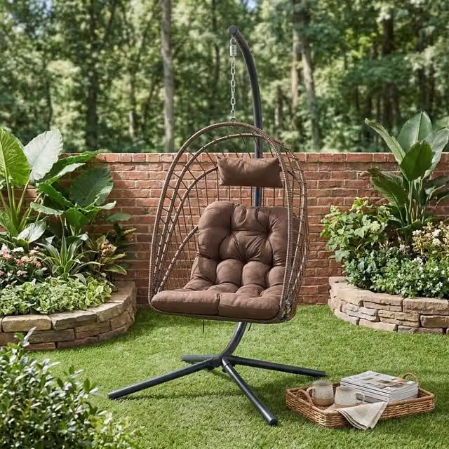 Living and Home Brown Hanging Egg Chair with Cushion and Headrest featuring Rattan and Metal Frame