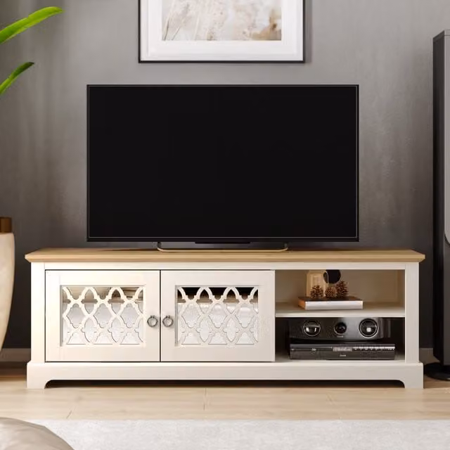 GFW Honiton Modern 2 Door TV Unit in Ivory, White and Beige with Geometric MDF Design
