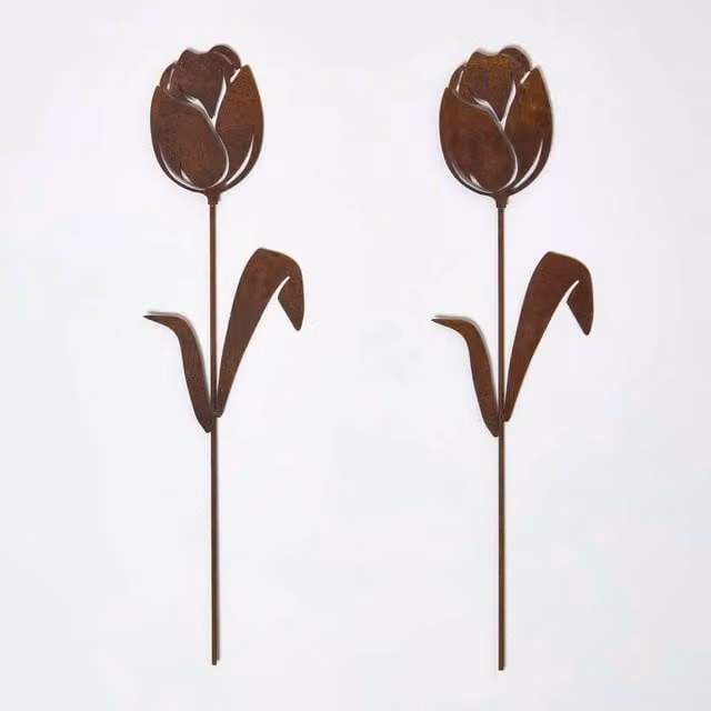 Homescapes Steel Tulip Garden Stake Decorations, Set of 2, Brown