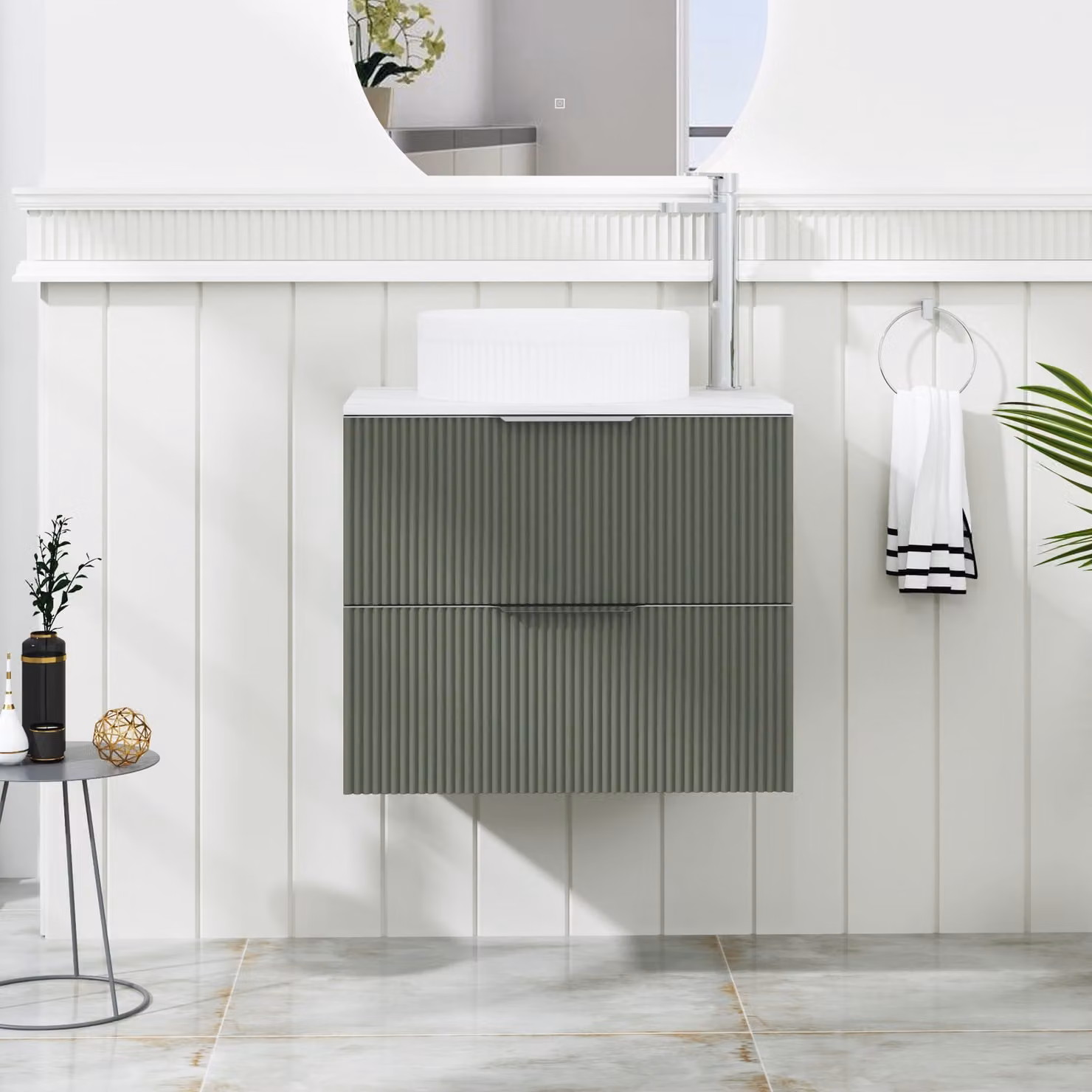 Royal Bathrooms Evora 600mm Sage Green Fluted Wall Hung Countertop Vanity Unit with 2 Drawers and Round Basin