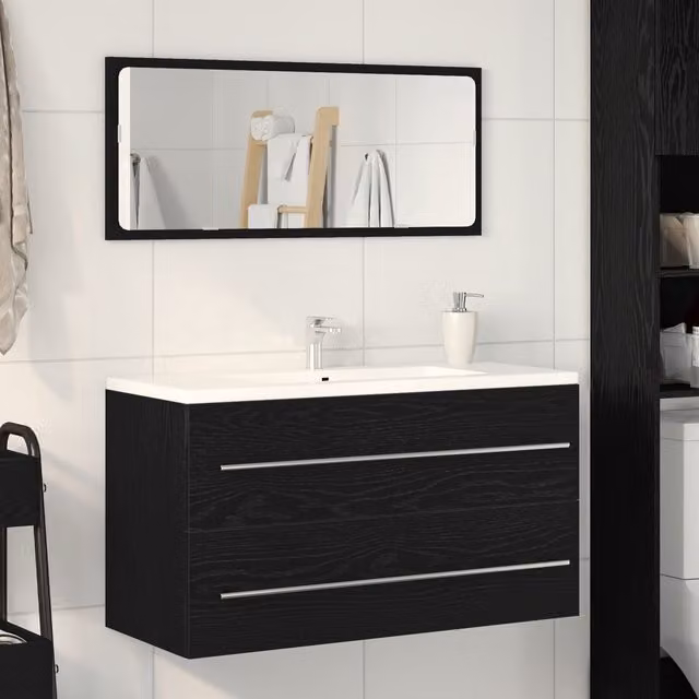 Berkfield Modern Wall-Mounted Home Sink Cabinet with Mirror in Black Oak, W/D/H: 90 x 45 x 1.5 cm – 1