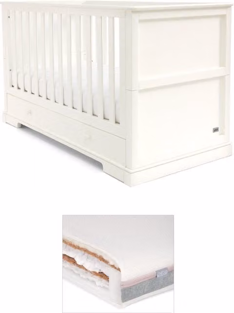 M&P Oxford Cotbed with Drop Side and Luxury Hybrid Twin Mattress Bundle, White, W/D/H: 140 x 70 x 70 cm