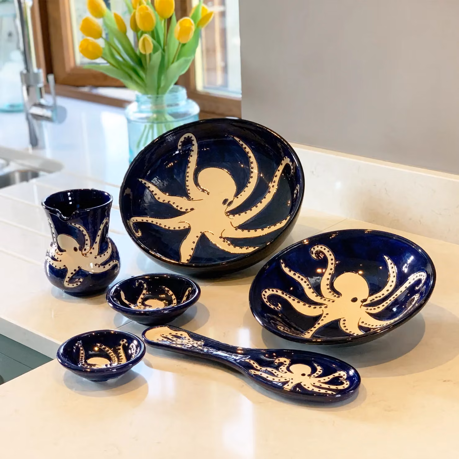 Verano Spanish Ceramics Signature Blue and White Octopus Hand Painted Ceramic Dip Bowls, Set of 2, Diameter: 12 cm – 4