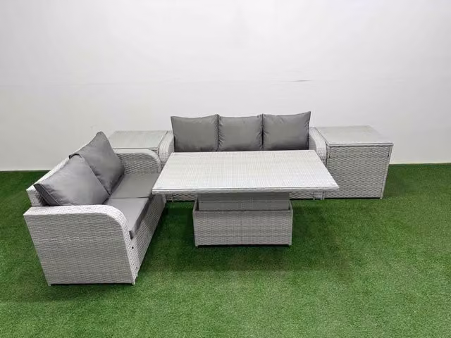 Fimous 5 Seater Grey PE Rattan Wicker Garden Furniture Set with Adjustable Lifting Dining or Coffee Table, 3 Seater Sofa and Love Seat