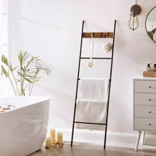 The Bazaarist 5 Tier Industrial Ladder Shelf with Towel Rack and Hooks in Brown and Black