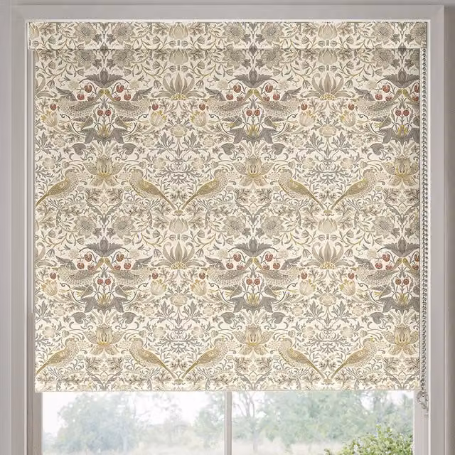 William Morris At Home Strawberry Thief Floral Blackout Roller Blind in Ochre, Yellow, White and Grey