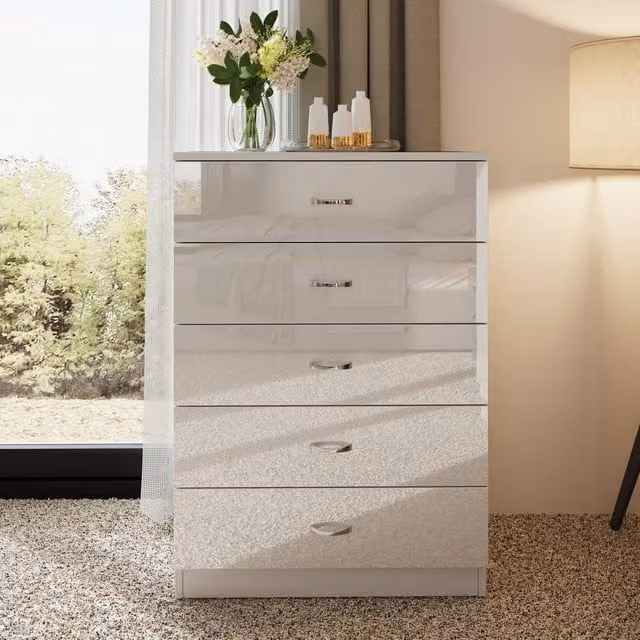 LUXURY LIFE Keaton Gloss White 5 Drawer Modern Tower Chest Of Drawers