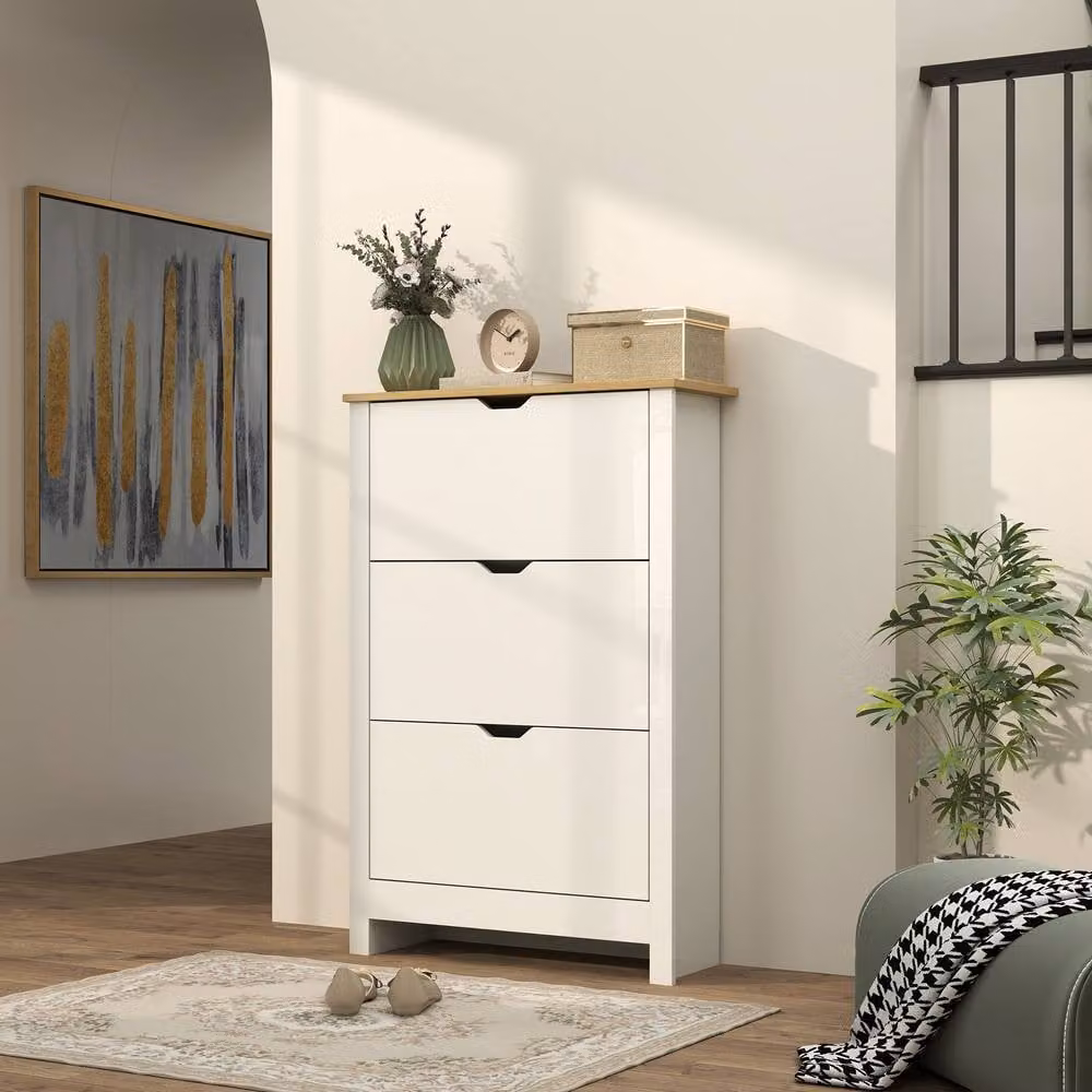 ERGOVEXA High Gloss Slim Shoe Cabinet with 3 Tilting Drawers in White – 3