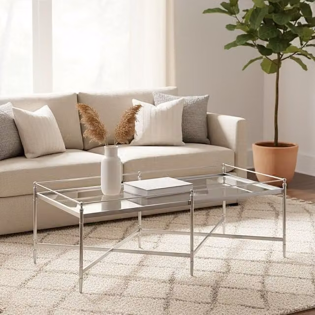 Orsina Modern Silver Rectangular Coffee Table with Mirrored Glass Top and Geometric Metal X-Frame Design – 1