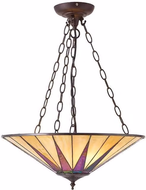 Interiors 1900 Art Nouveau 3-Light Large Ceiling Pendant Light in Dark Bronze with Amber Tiffany Glass and E27 Socket
