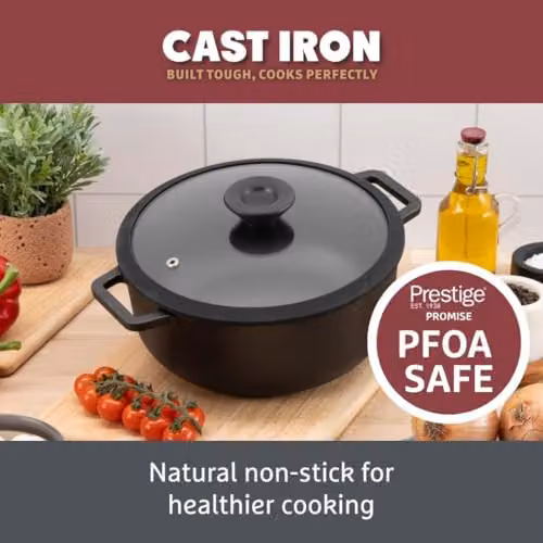 Prestige Black Cast Iron Casserole Dish with Glass Lid, 24 cm – 2