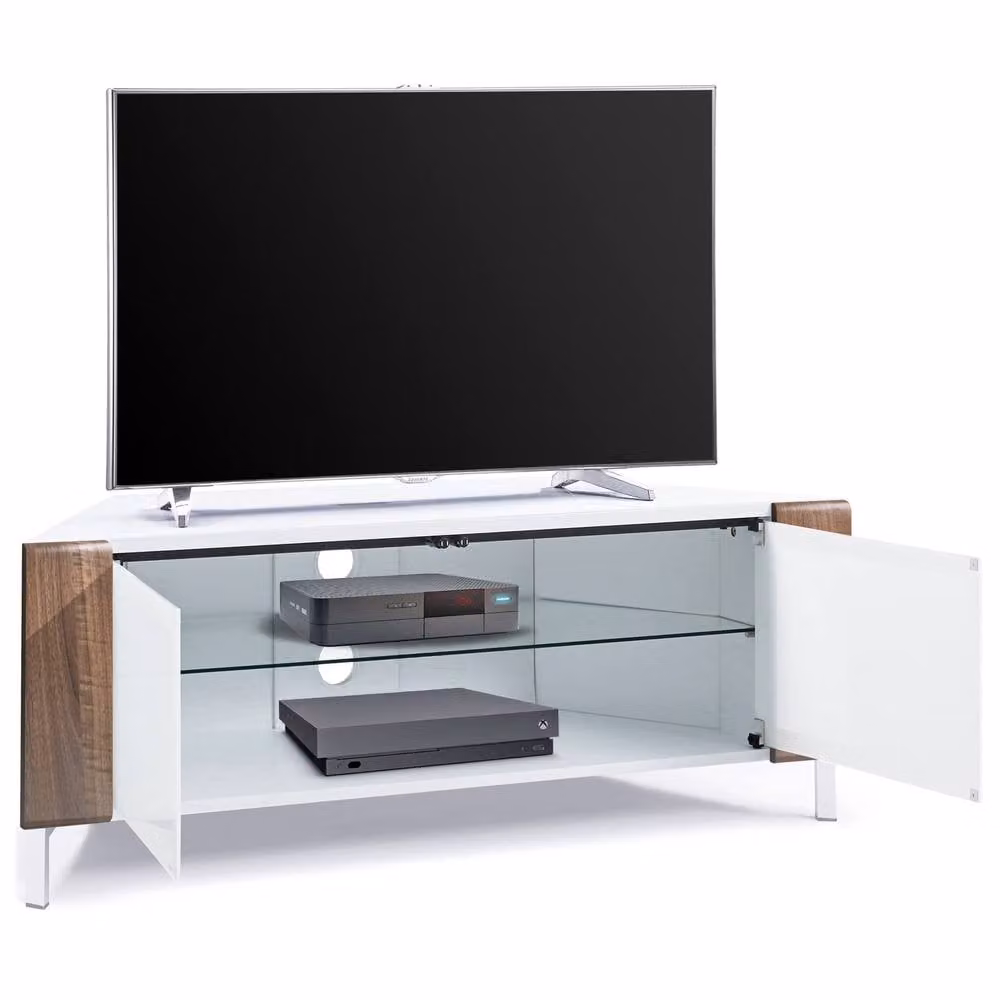 MDA Designs CORVUS Modern Corner TV Stand in White and Walnut for Flat Screen TVs up to 50 inches, W: 120 cm, D: 45 cm, H: 48 cm – 2